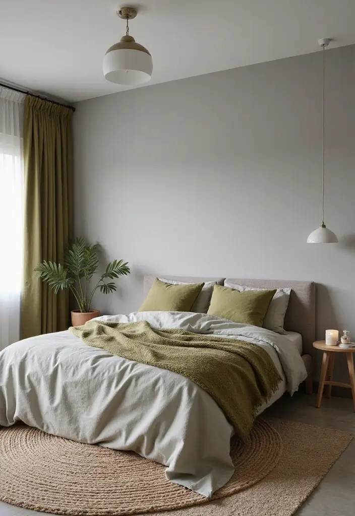 25 Gorgeous Grey Bedroom Color Schemes That’ll Inspire Your Next Redecorating Project! - 22. Grey and Earthy Olive Green