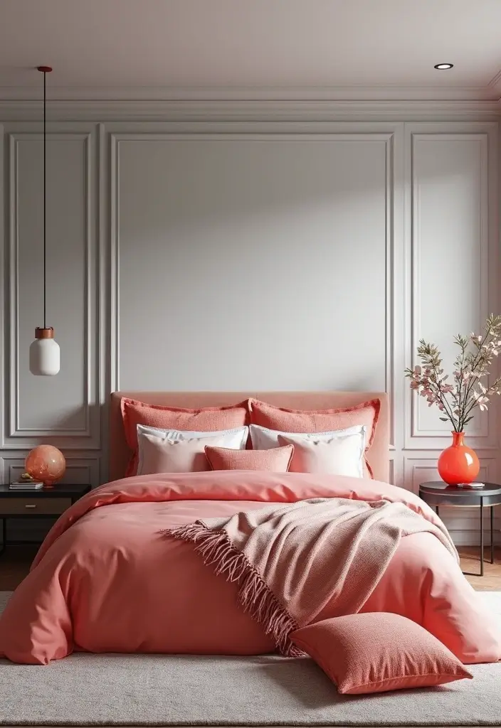 25 Gorgeous Grey Bedroom Color Schemes That’ll Inspire Your Next Redecorating Project! - 24. Grey and Bright Coral