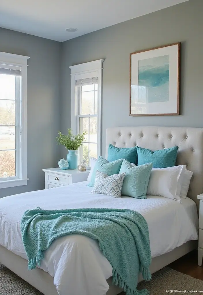 25 Gorgeous Grey Bedroom Color Schemes That’ll Inspire Your Next Redecorating Project! - 3. Cool Grey and Aqua Balance