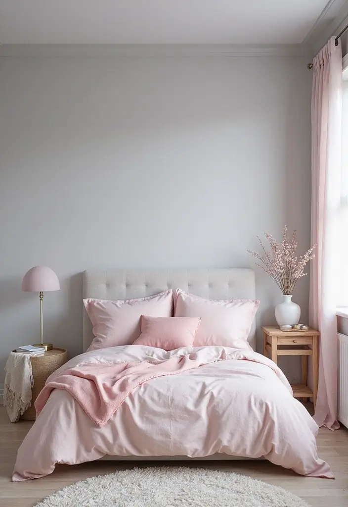25 Gorgeous Grey Bedroom Color Schemes That’ll Inspire Your Next Redecorating Project! - 4. Light Grey and Pastel Pink