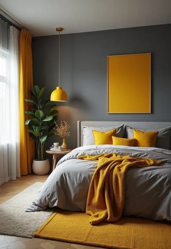 25 Gorgeous Grey Bedroom Color Schemes That’ll Inspire Your Next Redecorating Project! - 6. Grey and Mustard Yellow Vibrancy